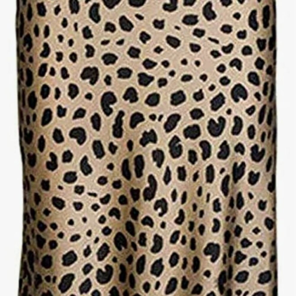 Women Leopard Skirt Midi Length Silk Satin Skirt Sz L beige black flirty date nt